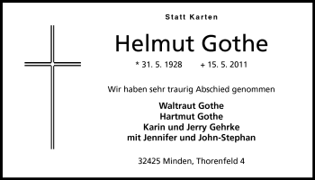 Anzeige von Helmut Gothe von Mindener Tageblatt