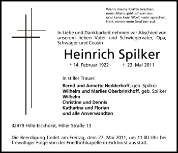 Anzeige von Heinrich Spilker von Mindener Tageblatt