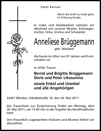 Anzeige von Anneliese Brüggemann von Mindener Tageblatt