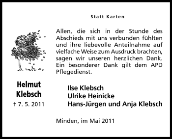 Anzeige von Helmut Klebsch von Mindener Tageblatt