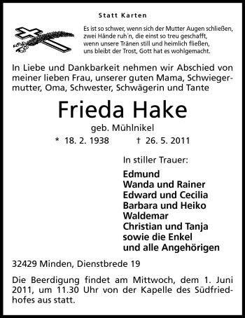 Anzeige von Frieda Hake von Mindener Tageblatt