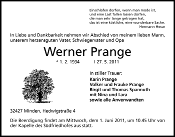 Anzeige von Werner Prange von Mindener Tageblatt