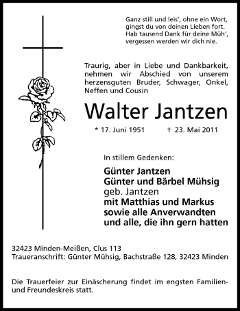 Anzeige von Walter Jantzen von Mindener Tageblatt