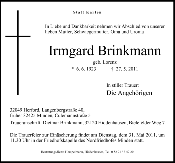 Anzeige von Irmgard Brinkmann von Mindener Tageblatt