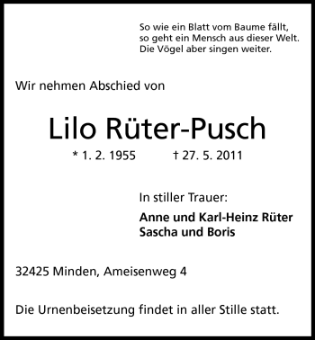 Anzeige von Lilo Rüter-Pusch von Mindener Tageblatt