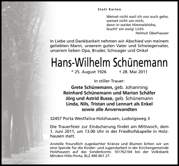 Anzeige von Hans-Wilhelm Schünemann von Mindener Tageblatt