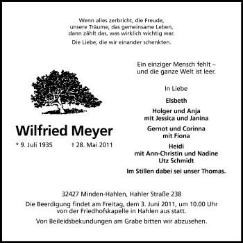 Anzeige von Wilfried Meyer von Mindener Tageblatt