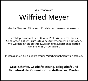 Anzeige von Wilfried Meyer von Mindener Tageblatt