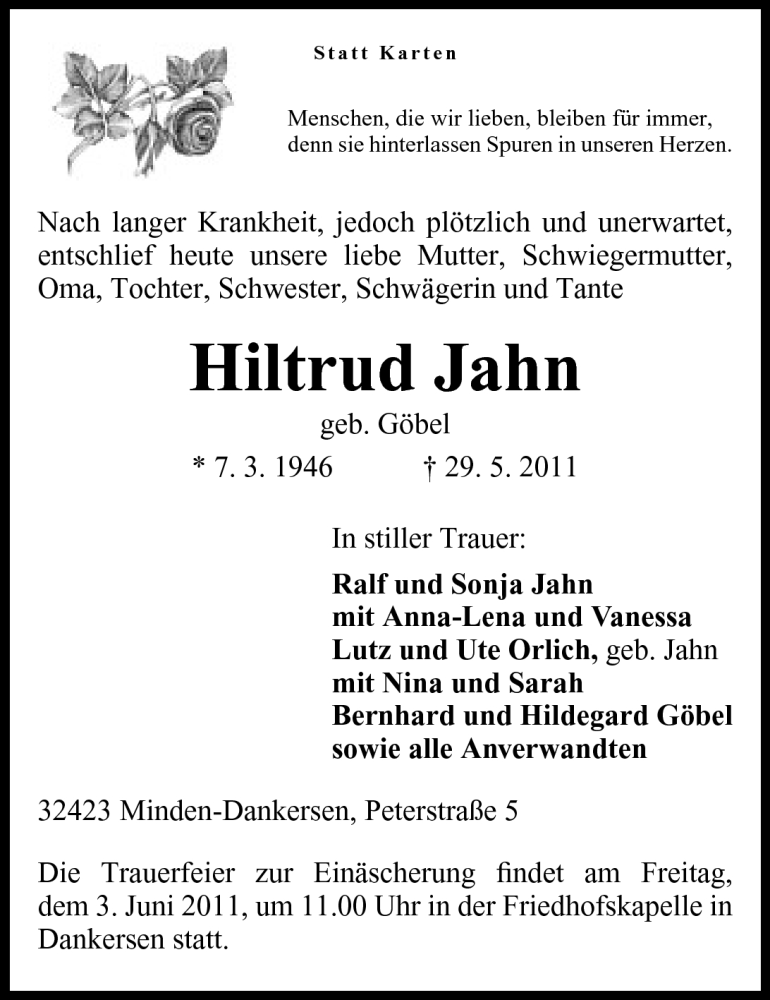  Traueranzeige für Hiltrud Jahn vom 31.05.2011 aus Mindener Tageblatt