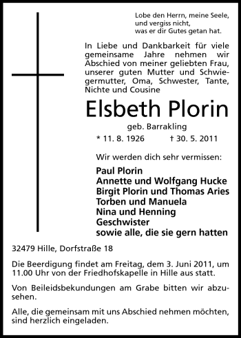 Anzeige von Elsbeth Plorin von Mindener Tageblatt