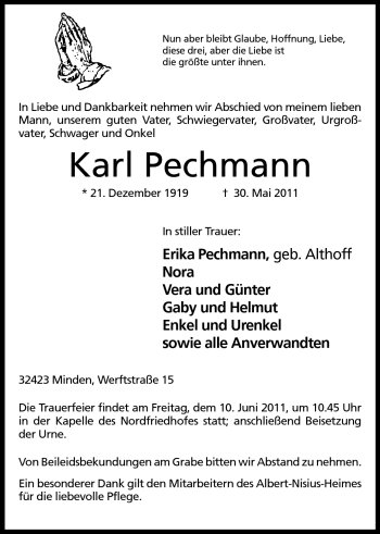 Anzeige von Karl Pechmann von Mindener Tageblatt