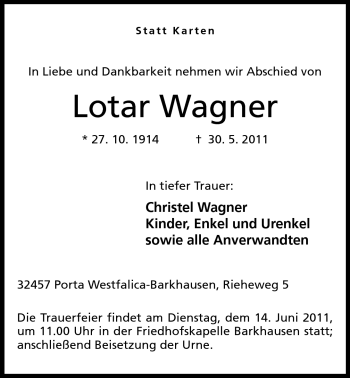 Anzeige von Lotar Wagner von Mindener Tageblatt