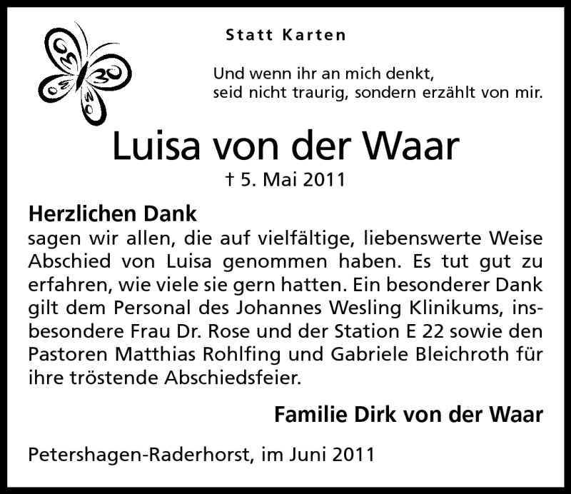  Traueranzeige für Luisa von der Waar vom 11.06.2011 aus Mindener Tageblatt