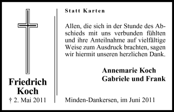 Anzeige von Friedrich Koch von Mindener Tageblatt