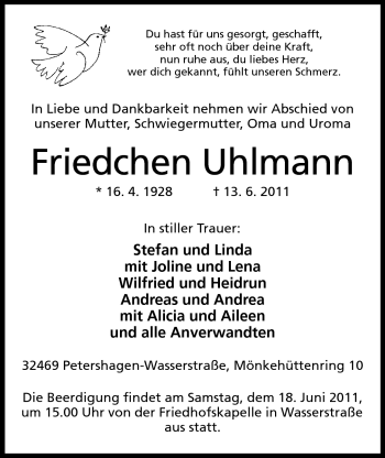 Anzeige von Friedchen Uhlmann von Mindener Tageblatt