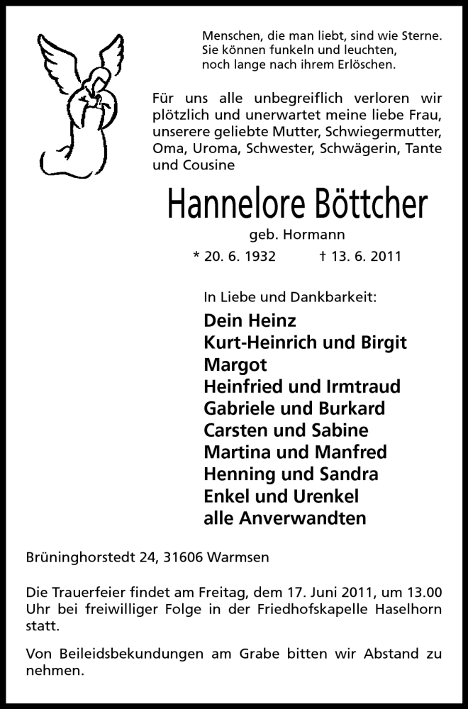  Traueranzeige für Hannelore Böttcher vom 15.06.2011 aus Mindener Tageblatt