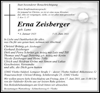Anzeige von Erna Zeisberger von Mindener Tageblatt