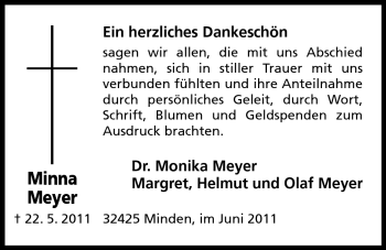 Anzeige von Minna Meyer von Mindener Tageblatt