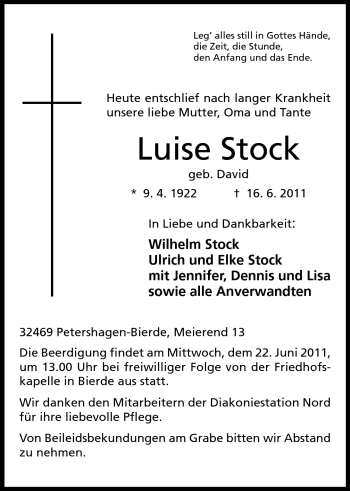 Anzeige von Luise Stock von Mindener Tageblatt