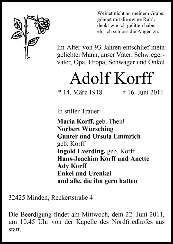  Traueranzeige für Adolf Korff vom 18.06.2011 aus Mindener Tageblatt