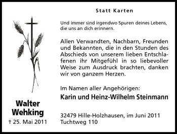Anzeige von Walter Wehking von Mindener Tageblatt