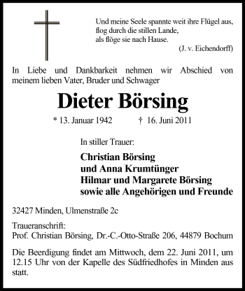 Anzeige von Dieter Börsing von Mindener Tageblatt