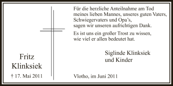 Anzeige von Fritz Klinksiek von Mindener Tageblatt