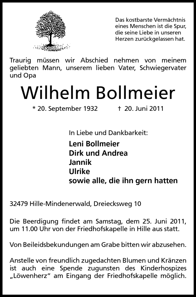  Traueranzeige für Wilhelm Bollmeier vom 22.06.2011 aus Mindener Tageblatt