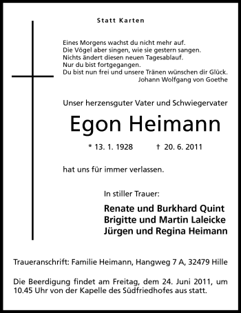 Anzeige von Egon Heimann von Mindener Tageblatt