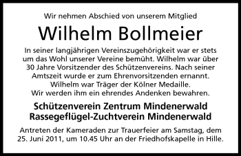 Anzeige von Wilhelm Bollmeier von Mindener Tageblatt