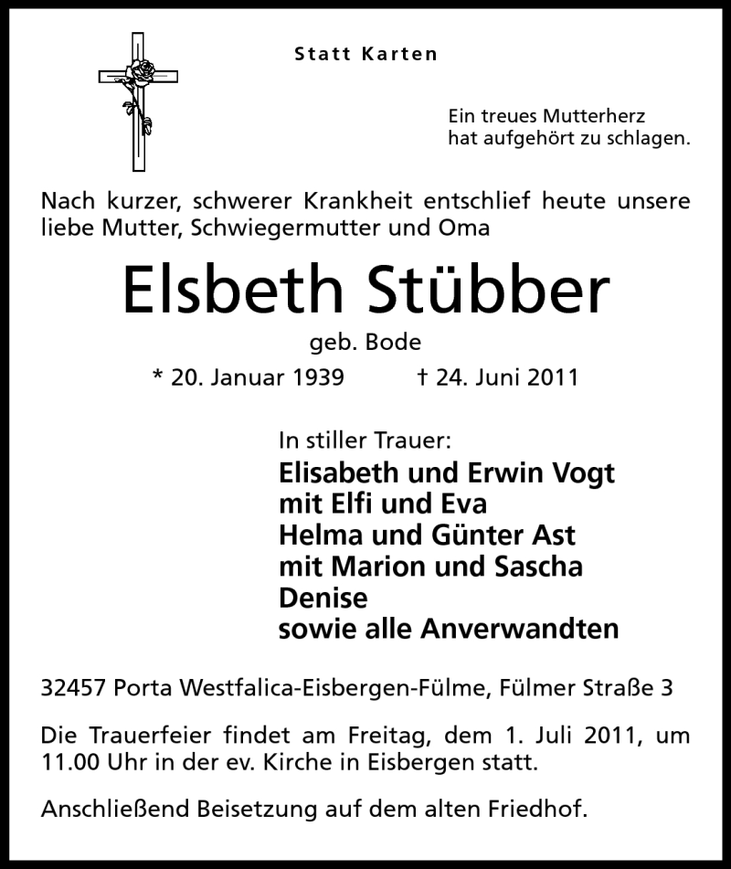 Traueranzeige für Elsbeth Stübber vom 27.06.2011 aus Mindener Tageblatt