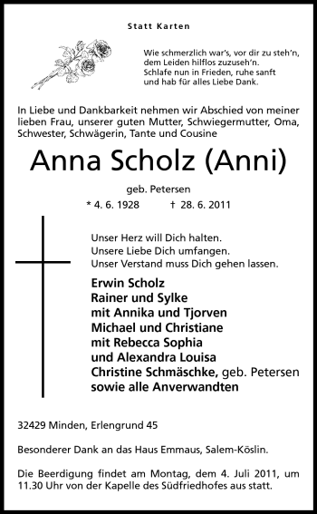 Anzeige von Anna Scholz von Mindener Tageblatt