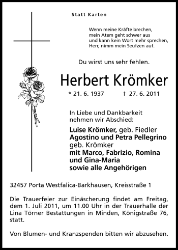 Anzeige von Herbert Krömker von Mindener Tageblatt