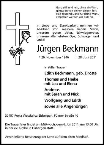 Anzeige von Jürgen Beckmann von Mindener Tageblatt