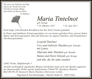 Anzeige von Maria Tintelnot von Mindener Tageblatt