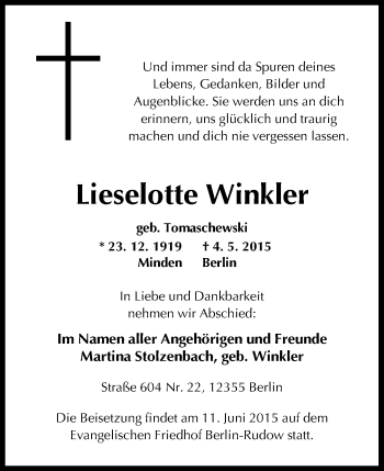 Anzeige von Lieselotte Winkler von Mindener Tageblatt