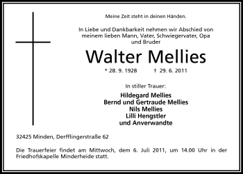 Anzeige von Walter Mellies von Mindener Tageblatt