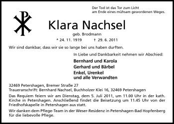 Anzeige von Klara Nachsel von Mindener Tageblatt
