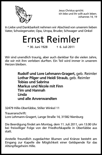 Anzeige von Ernst Reimler von Mindener Tageblatt