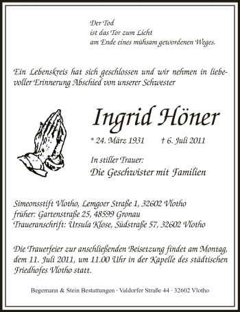 Anzeige von Ingrid Höner von Mindener Tageblatt