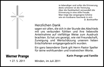 Anzeige von Werner Prange von Mindener Tageblatt