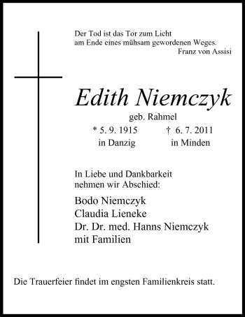 Anzeige von Edith Niemczyk von Mindener Tageblatt