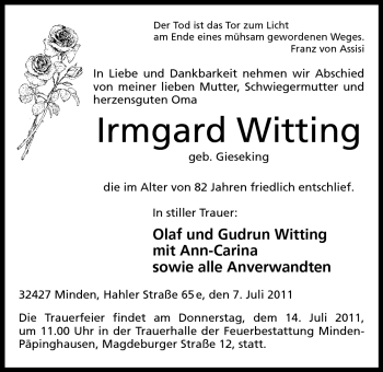 Anzeige von Irmgard Witting von Mindener Tageblatt