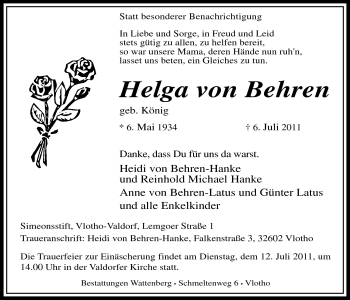 Anzeige von Helga von Behren von Mindener Tageblatt