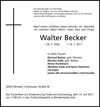 Anzeige von Walter Becker von Mindener Tageblatt