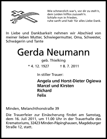 Anzeige von Gerda Neumann von Mindener Tageblatt