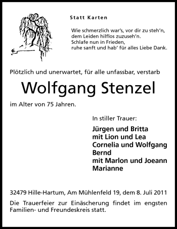 Anzeige von Wolfgang Stenzel von Mindener Tageblatt