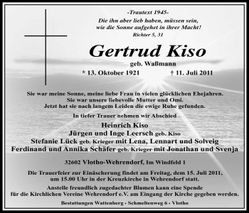 Anzeige von Gertrud Kiso von Mindener Tageblatt
