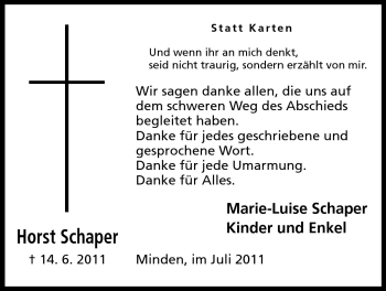 Anzeige von Horst Schaper von Mindener Tageblatt