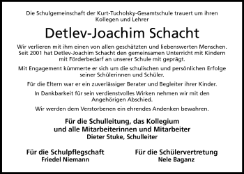 Anzeige von Detlev-Joachim Schacht von Mindener Tageblatt
